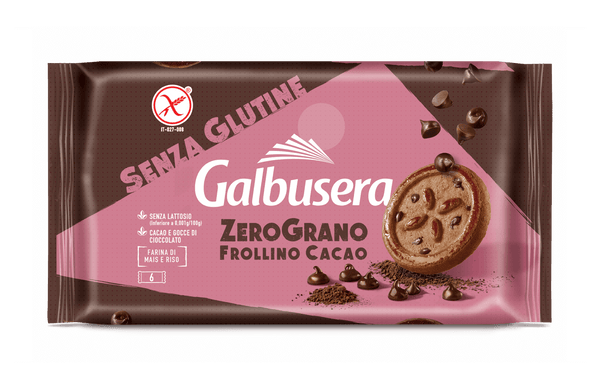 Galbusera cookie package with pink and brown design on a black background